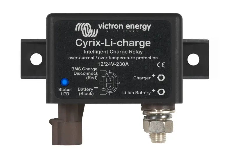 Close-up of Cyrix Battery Combiners in a black and white photo, showcasing a battery charger
