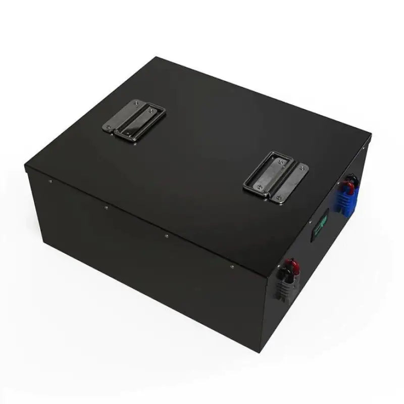 Black box open displaying 26.5V 200AH lithium RV battery, deep cycle 24V interior.