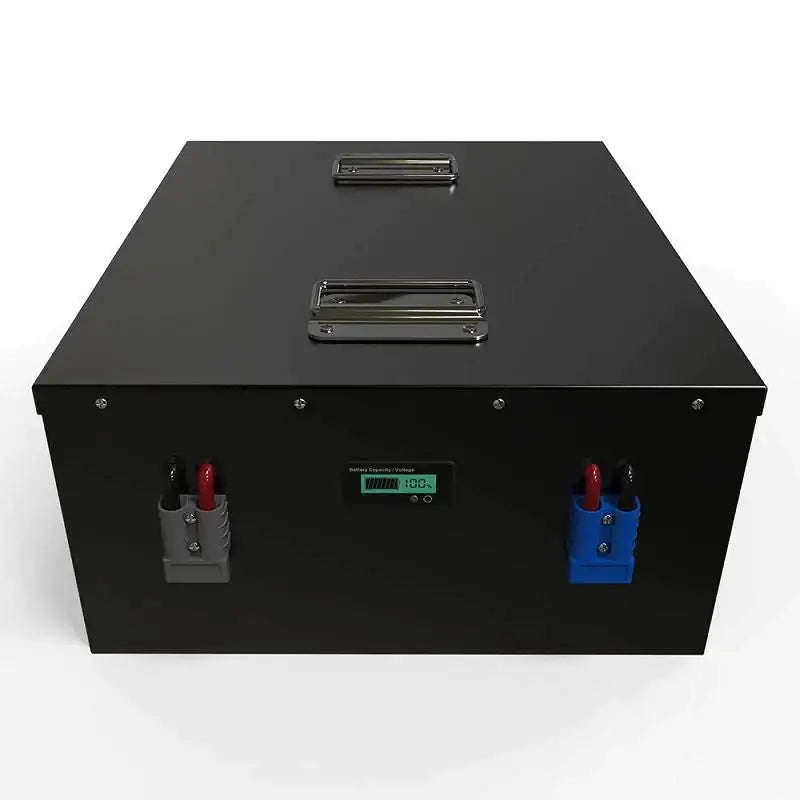 Deep cycle 24V lithium RV battery, black box with blue and red handles.