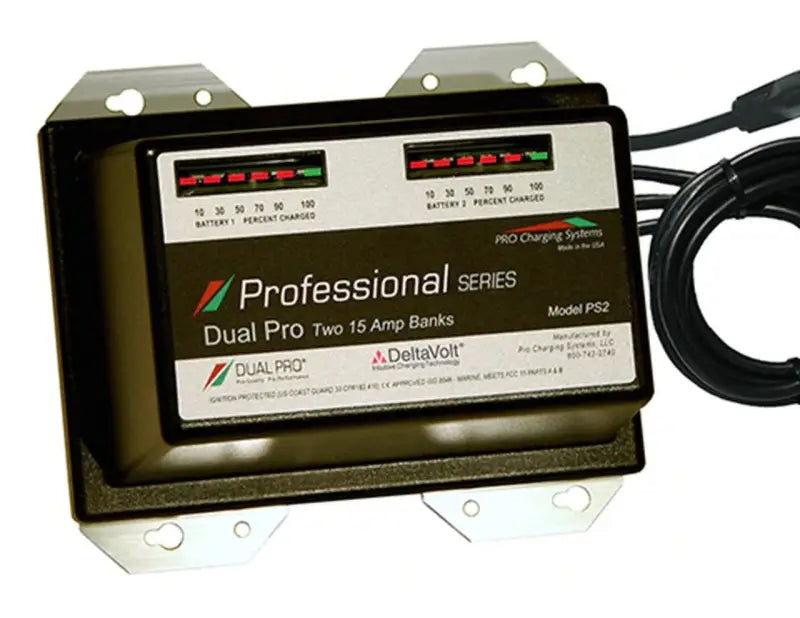 Dual Pro PS2 12V 15A 2 Bank Charger featuring close-up of digital controller with cable.