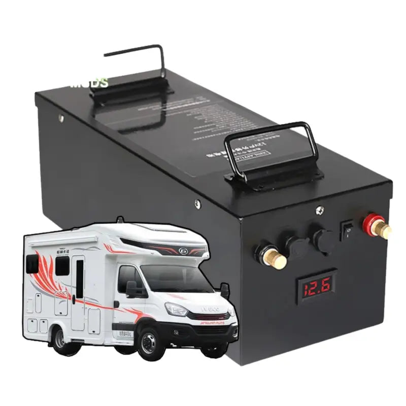 300AH lithium solar battery with white RV, black box, and red light