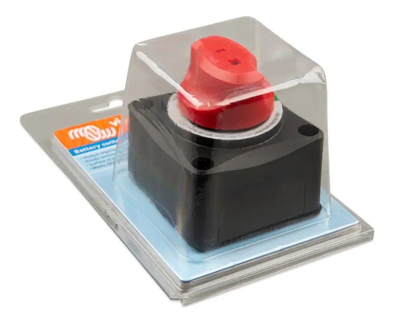 Red and black ergonomic battery switch for lithium ion systems in close up view