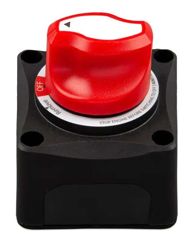 Red ergonomic 275A battery switch for lithium ion systems on white background
