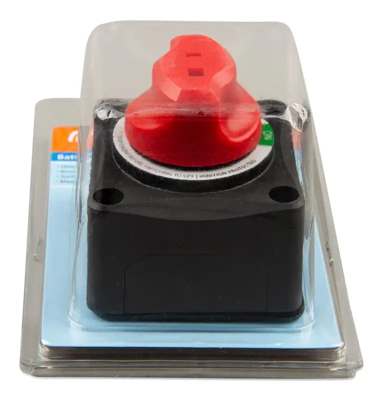 Close up of red button on ergonomic 275A battery switch for lithium ion systems