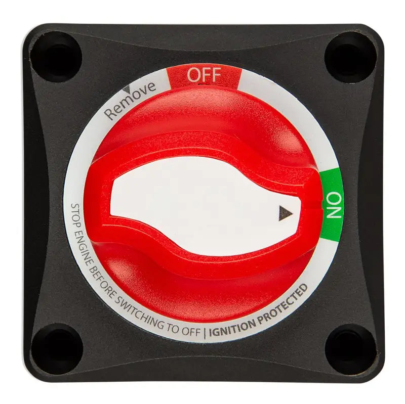 Red and black battery switch ON/OFF 275A with white button.