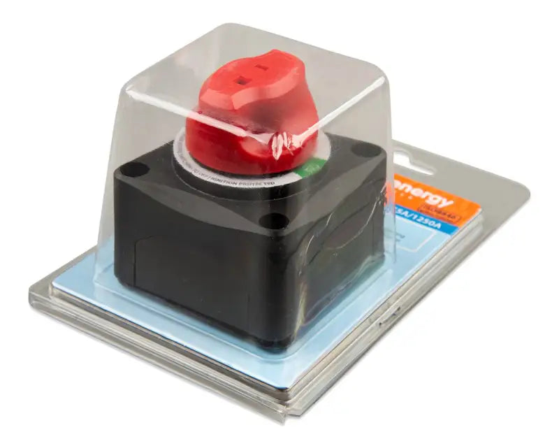 Red battery switch button on ergonomic 275A Lithium Ion System box
