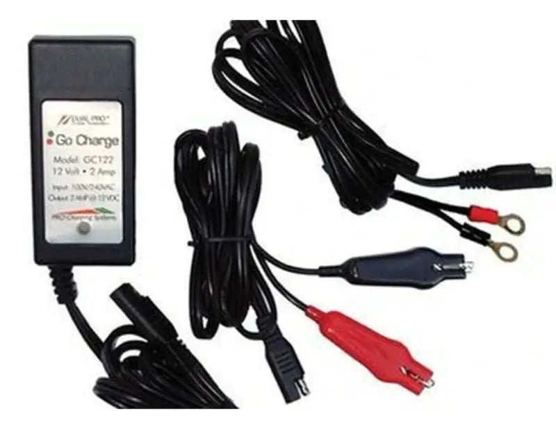 Go Charge lithium battery charger with 12v 2a output, cable, and power cord product specifications