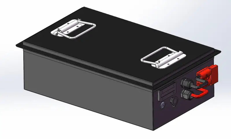 Black LFP battery pack in metal box with latch for power storage