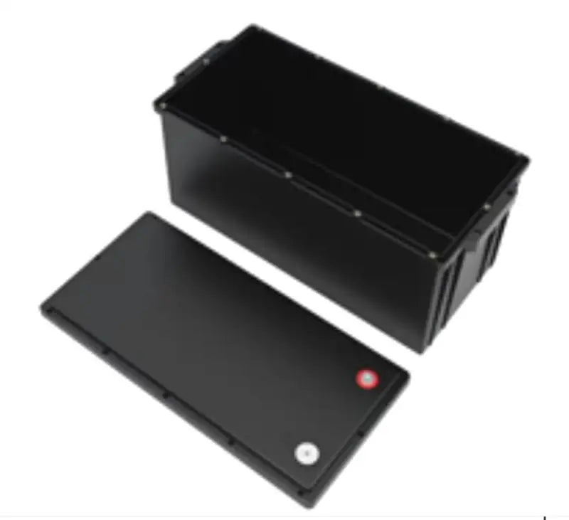 205Ah LFP battery pack in black plastic box on white background for extended use