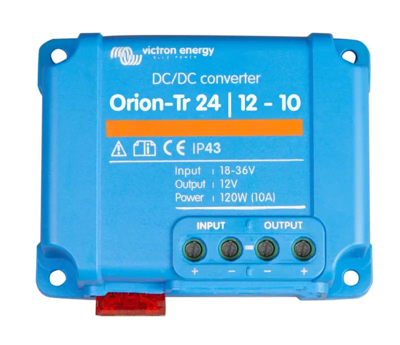 High efficiency Orion-Tr DC-DC converter with IP43 protection and screw terminals, close-up