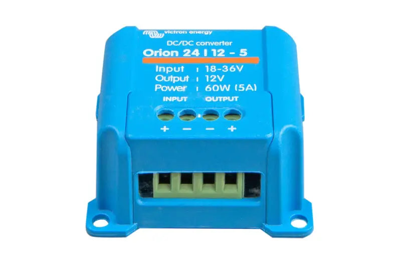 Blue power supply switch on Orion-Tr DC-DC Converter with screw terminals and white background.