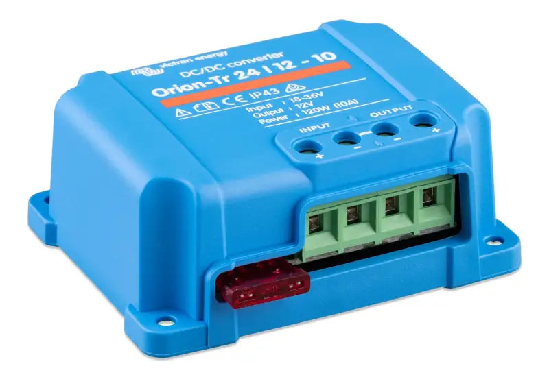 Orion-Tr DC-DC Converter with red light and blue body featuring screw terminals
