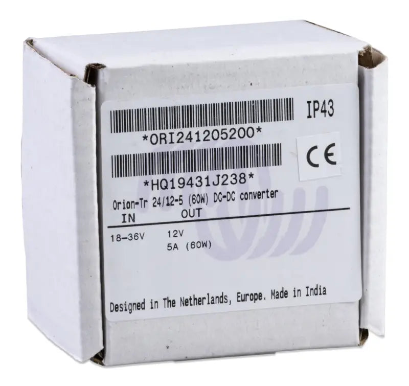 High efficiency Orion-Tr DC-DC converter with IP43, barcode on white box, screw terminals