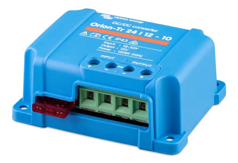 Orion-Tr DC-DC Converters blue power supply box with screw terminals and red wires