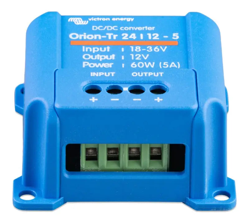 High-efficiency Orion-Tr DC-DC converter IP43 with blue switch and screw terminals on white