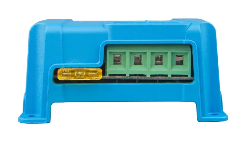 Orion-Tr DC-DC Converter blue box with yellow light and screw terminals