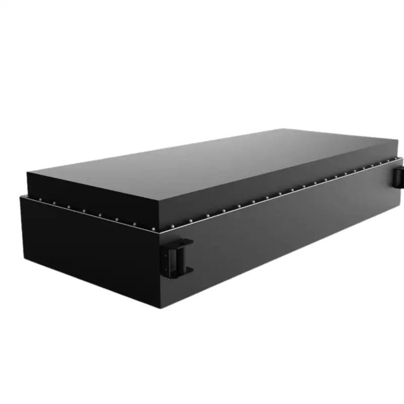 Black metal shelf holding 128V 206AH high energy density lithium EV battery with cover