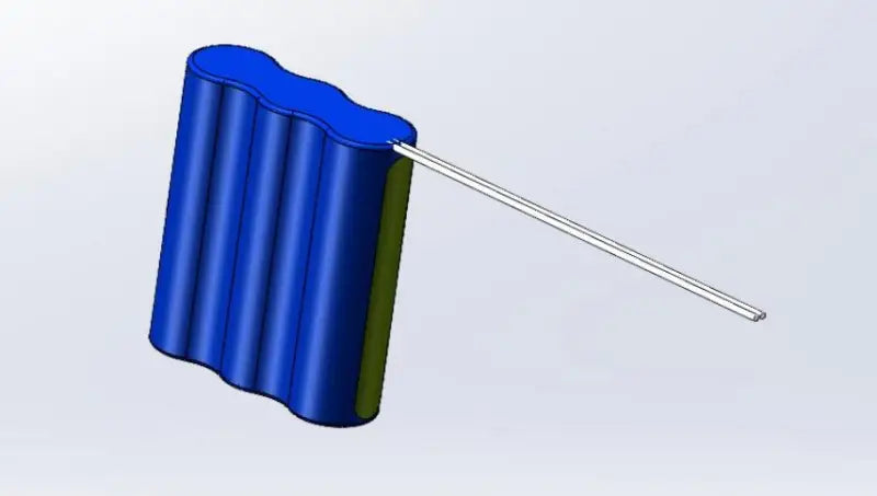 11.1V 2.6AH lithium-ion battery pack with a blue and green flag on a white pole.