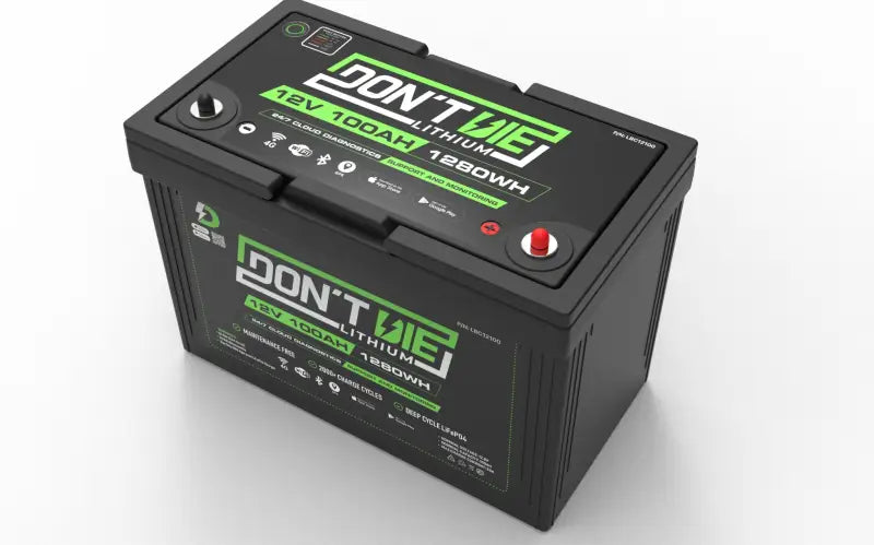 12V 100AH lithium ion battery showcasing ’Dont battery 12V - 12Ah’ label.