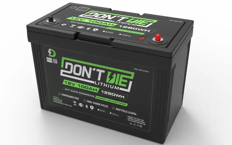 12V 100AH lithium ion battery with no lithium taken logo on black battery box.