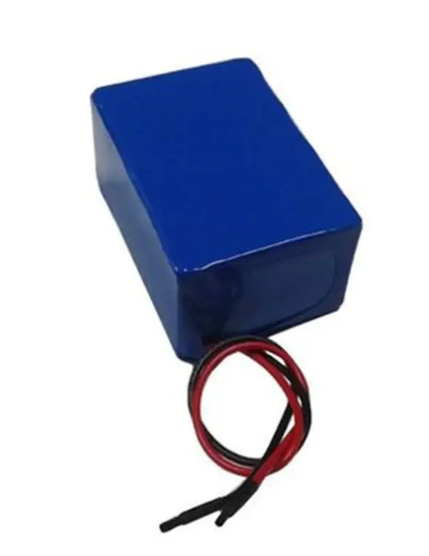 24V 28AH lithium ion battery box with red wire, blue PVC wrap.
