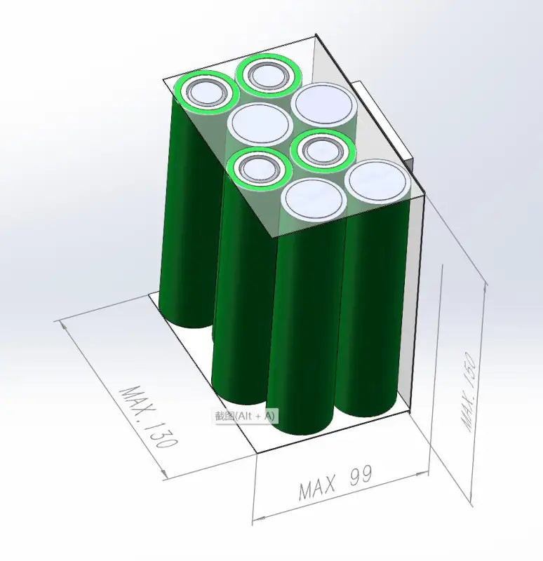 3D model of 30Ah LFP battery pack featuring green cylinder for long-lasting power