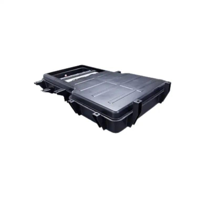 Black laptop with 350V 100Ah lithium ion EV battery lid open