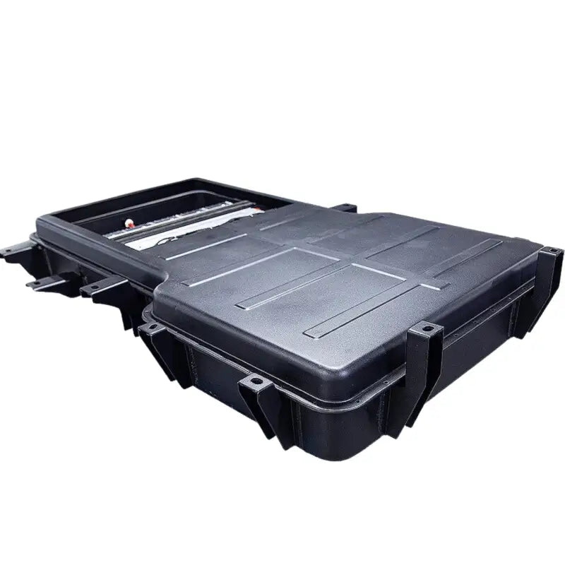 Open black plastic case for 355V 96AH Hot lithium EV battery storage.