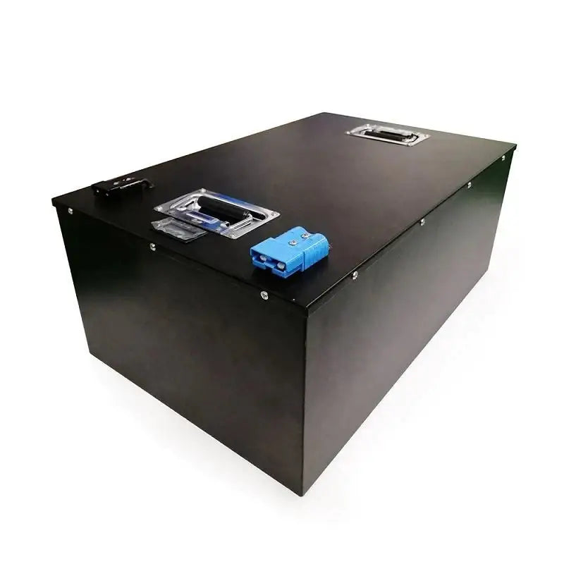 48V 140AH lithium-ion EV car battery with a black box and blue latch