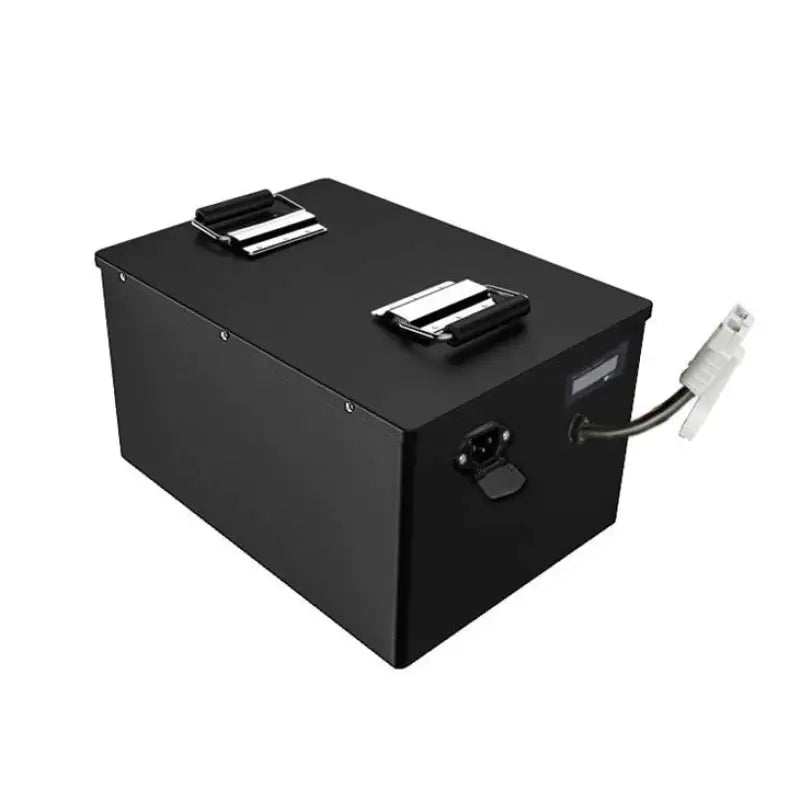 72V 30AH lithium electric car battery with black box and white cord.