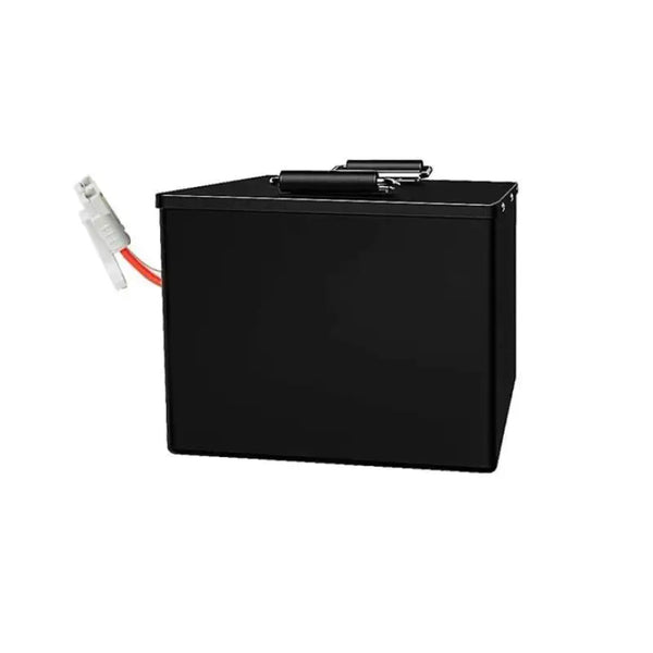 72V 30AH lithium electric car battery featuring a black box with white handle and red cord.
