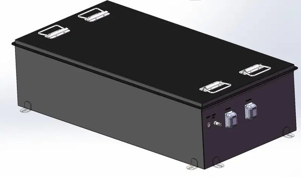 96V 230Ah LFP battery pack in a black box with secure latch for high performance