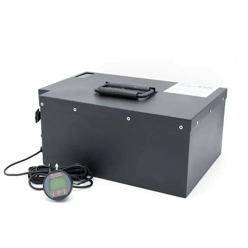 60V 30AH floor sweeper battery pack with open box revealing power cord.