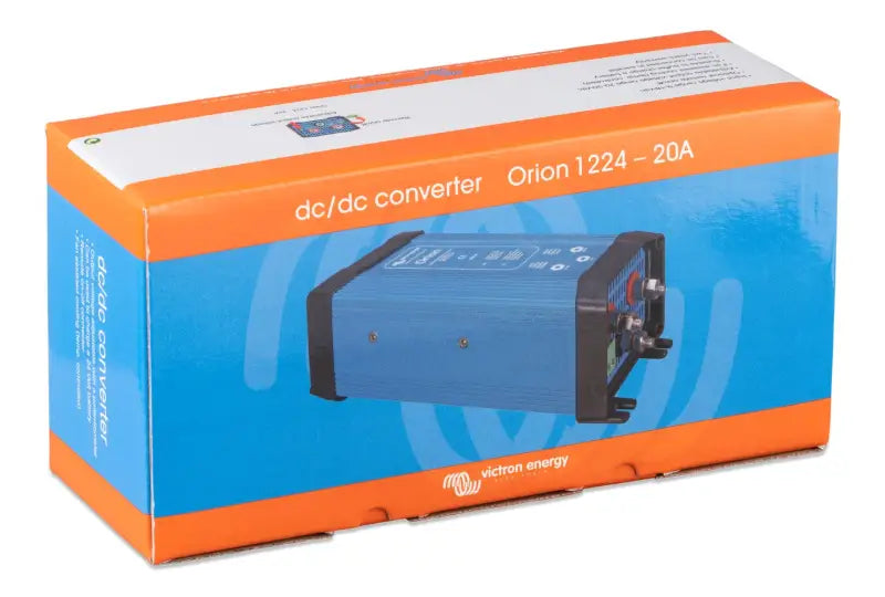 Close-up of Orion DC-DC High Power Converters box, adjustable output, in blue and orange
