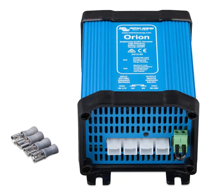 Portable Orion DC-DC high power converter with adjustable output for device charging.