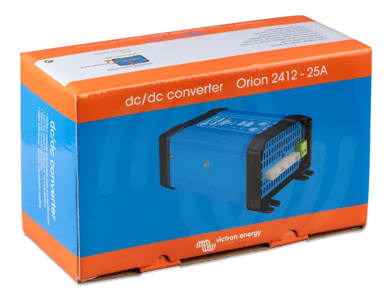 Close-up of Orion DC-DC Converters, high power with adjustable output, in blue and orange box