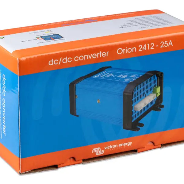Close-up of Orion DC-DC Converters with adjustable output in blue and orange box