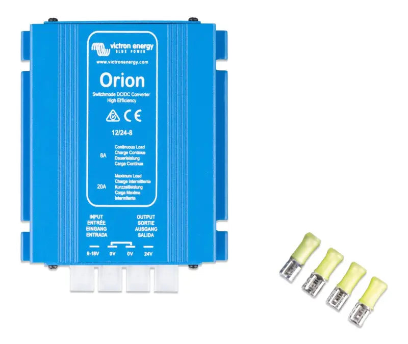 Orion high power DC-DC converter with adjustable output, blue box and yellow wires