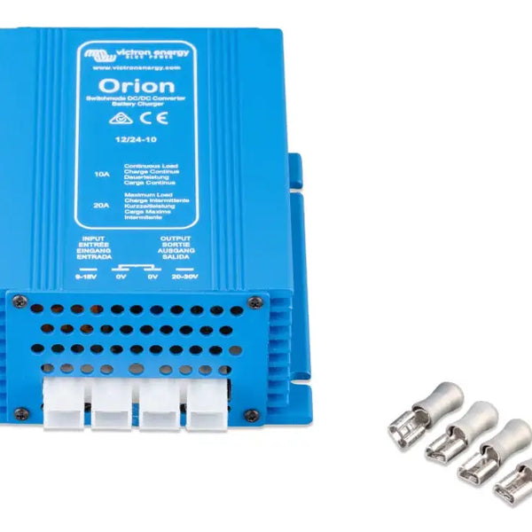Blue Orion high power DC-DC converter with adjustable output and three sockets on white background