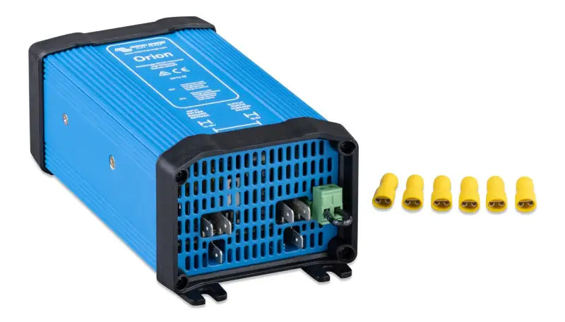 Blue high-power Orion DC-DC converter with adjustable output and four yellow plugs.