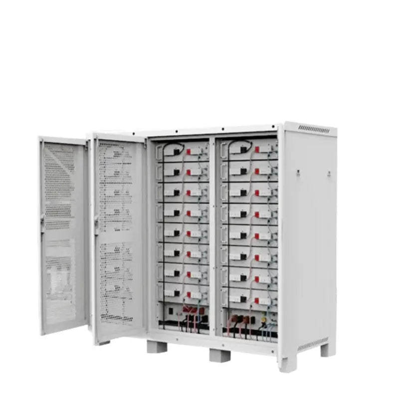 Close up of 409.6V 100AH high voltage LFP HV battery cabinet with electrical wires.