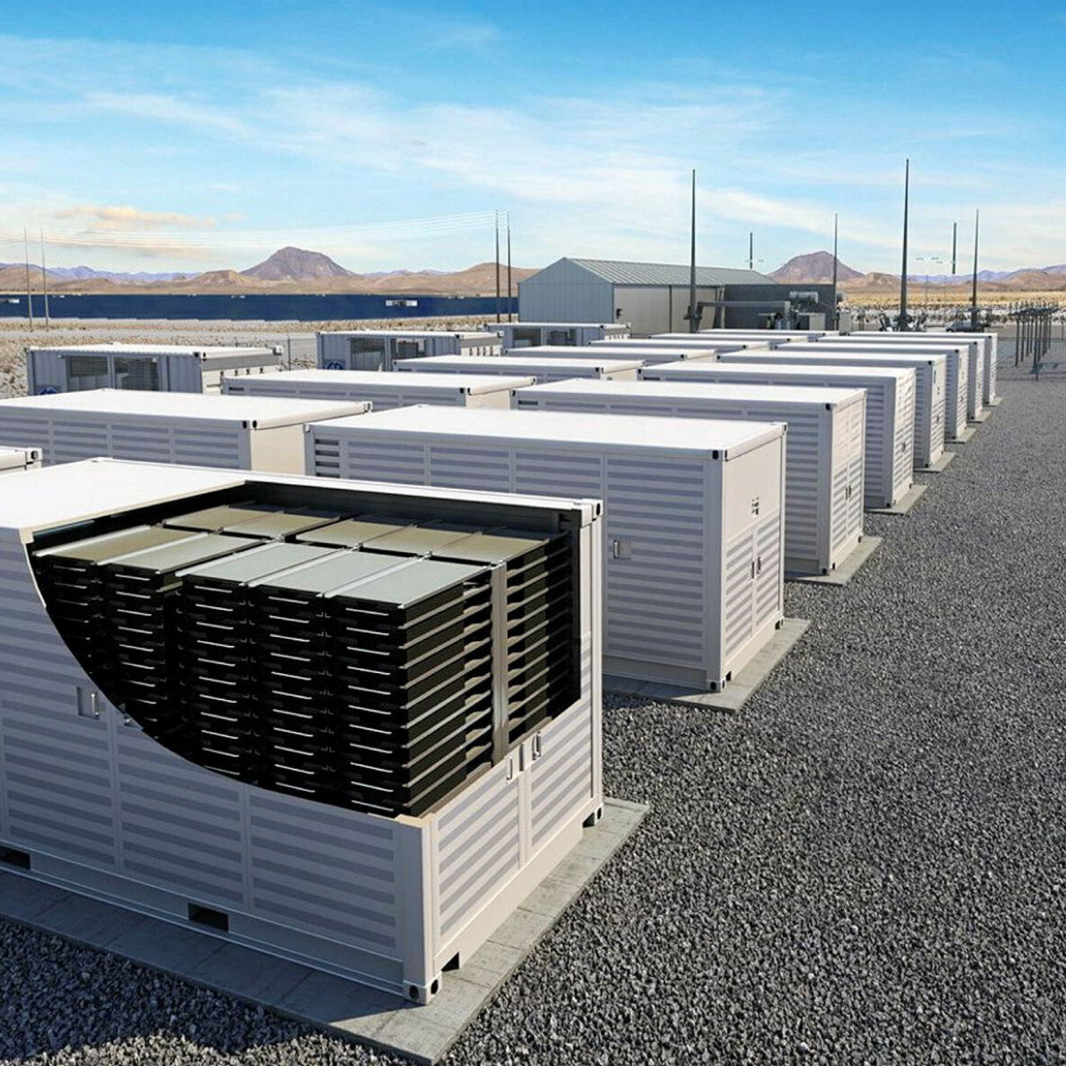 Energy storage system connected to a large power grid, designed for high-capacity electricity storage and distribution.