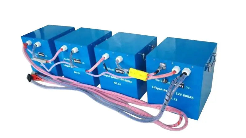 Three 600AH lithium batteries connected with wires for reliable power