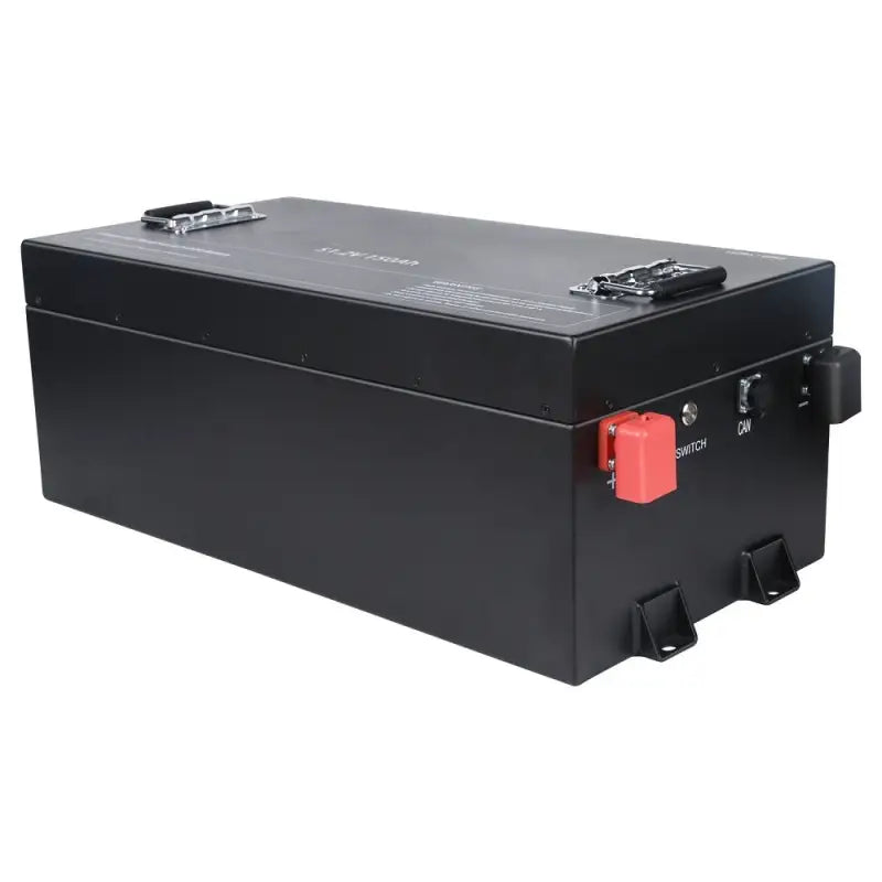 51.2V 150Ah LiFePO4 golf cart battery with small black box and red latch.