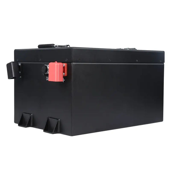 Black 105Ah LiFePO4 golf cart battery with red latch