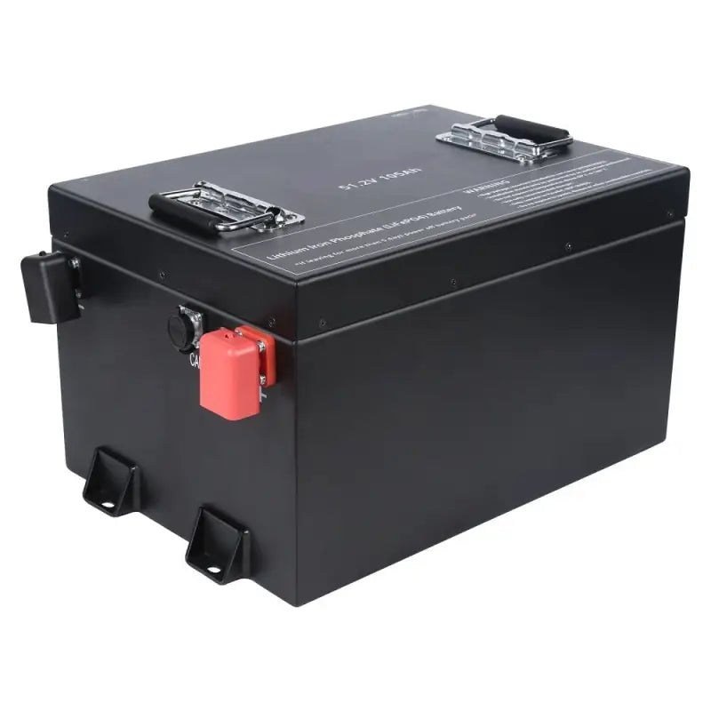 105Ah LiFePO4 golf cart battery with small black box, red latch