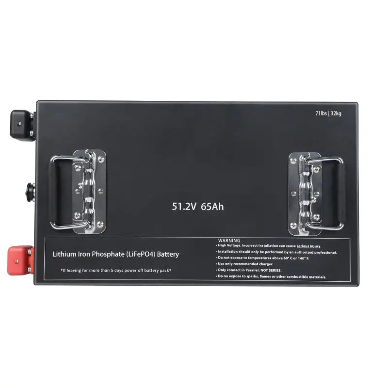65Ah LiFePO4 golf cart battery with lithium charger and battery indicator display.