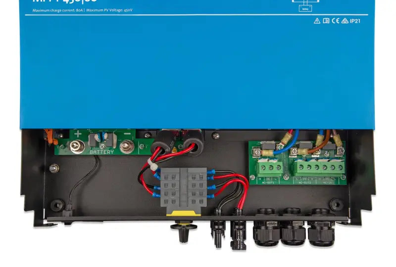 Close-up Multi RS Solar blue power supply box with wires.