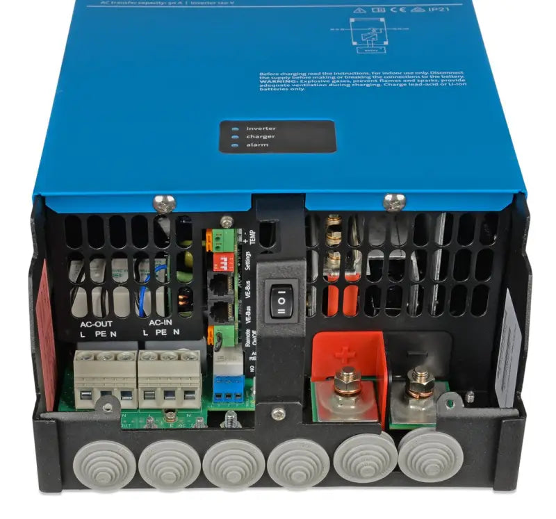Close-up of MultiPlus 2000VA power supply unit with blue cover