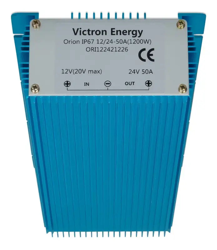 Orion IP67 DC-DC converter with Victron Energy battery, showcasing low voltage feature.